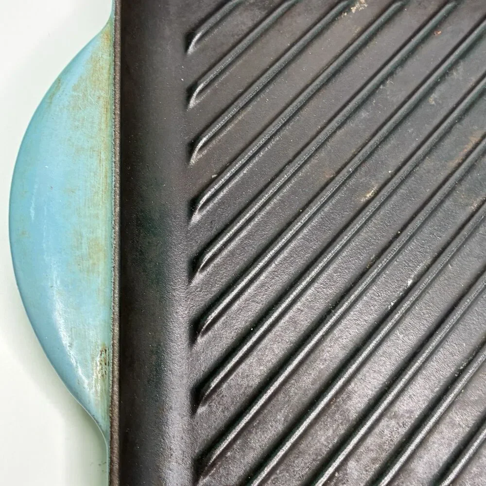 Le Creuset Blue Enameled Square Handle Cast Iron Grill Griddle Pan #24 Pre-owned